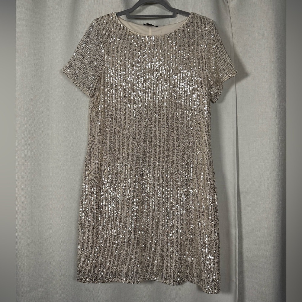 MSK Champagne Gold Sequin TShirt Shift Mini Dress Size Medium - Picture 3 of 8